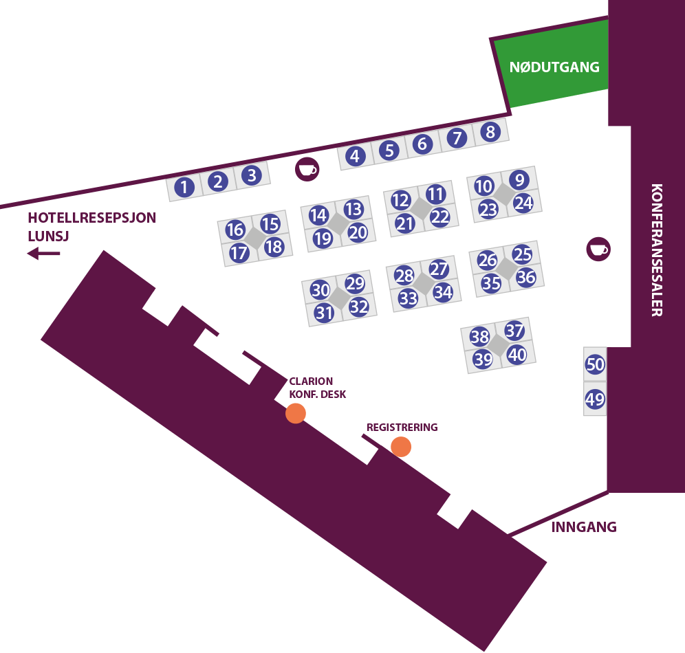 Kart over utstillerplasser på Clarion Hotel Trondheim. Utstillingen ligger rett utenfor Cosmos salene.