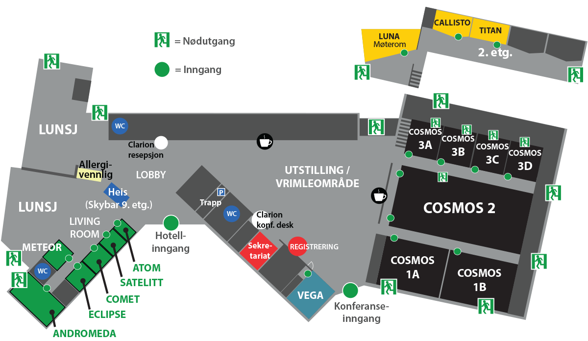 Romplan som viser Cosmos salene, Vega og Living Room i første etasje og Luna, Callisto og Io i andre etasje.