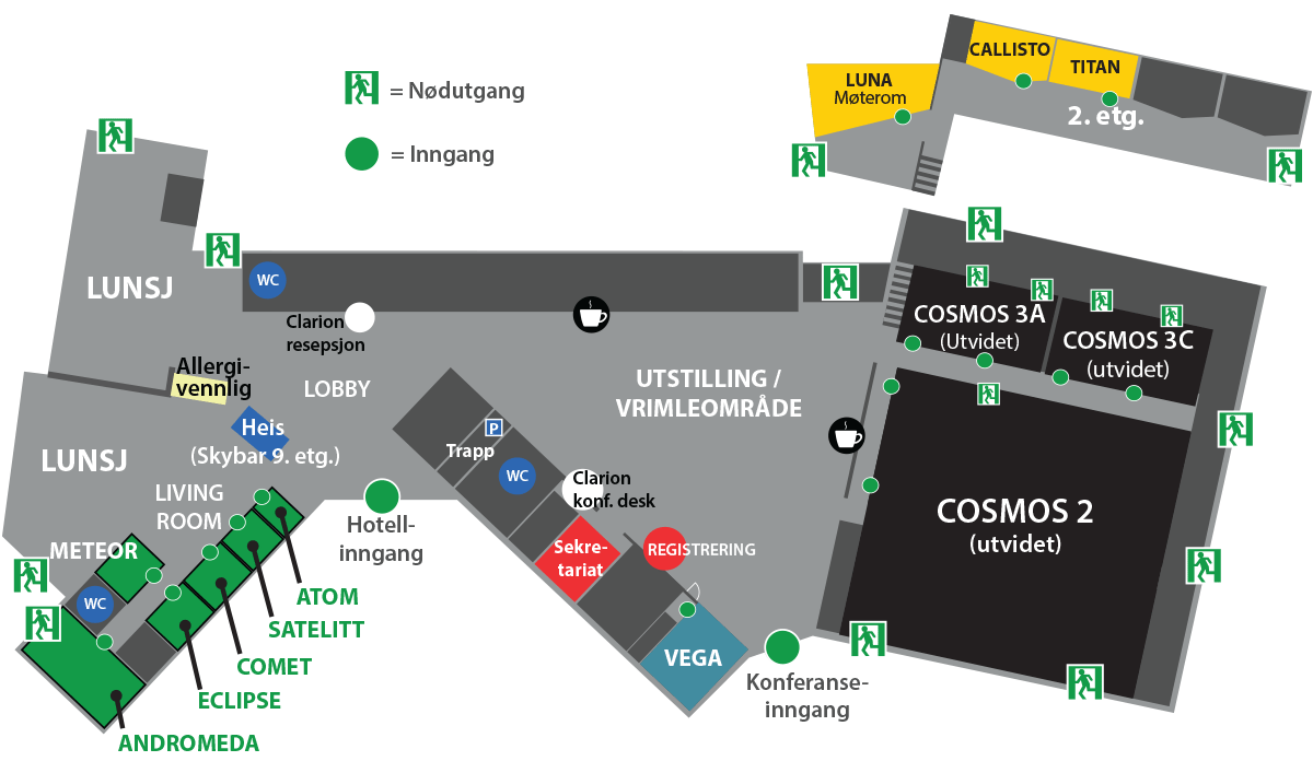 Romplan som viser Cosmos salene sammenslått til tre rom, Vega og Living Room i første etasje og Luna, Callisto og Io i andre etasje.